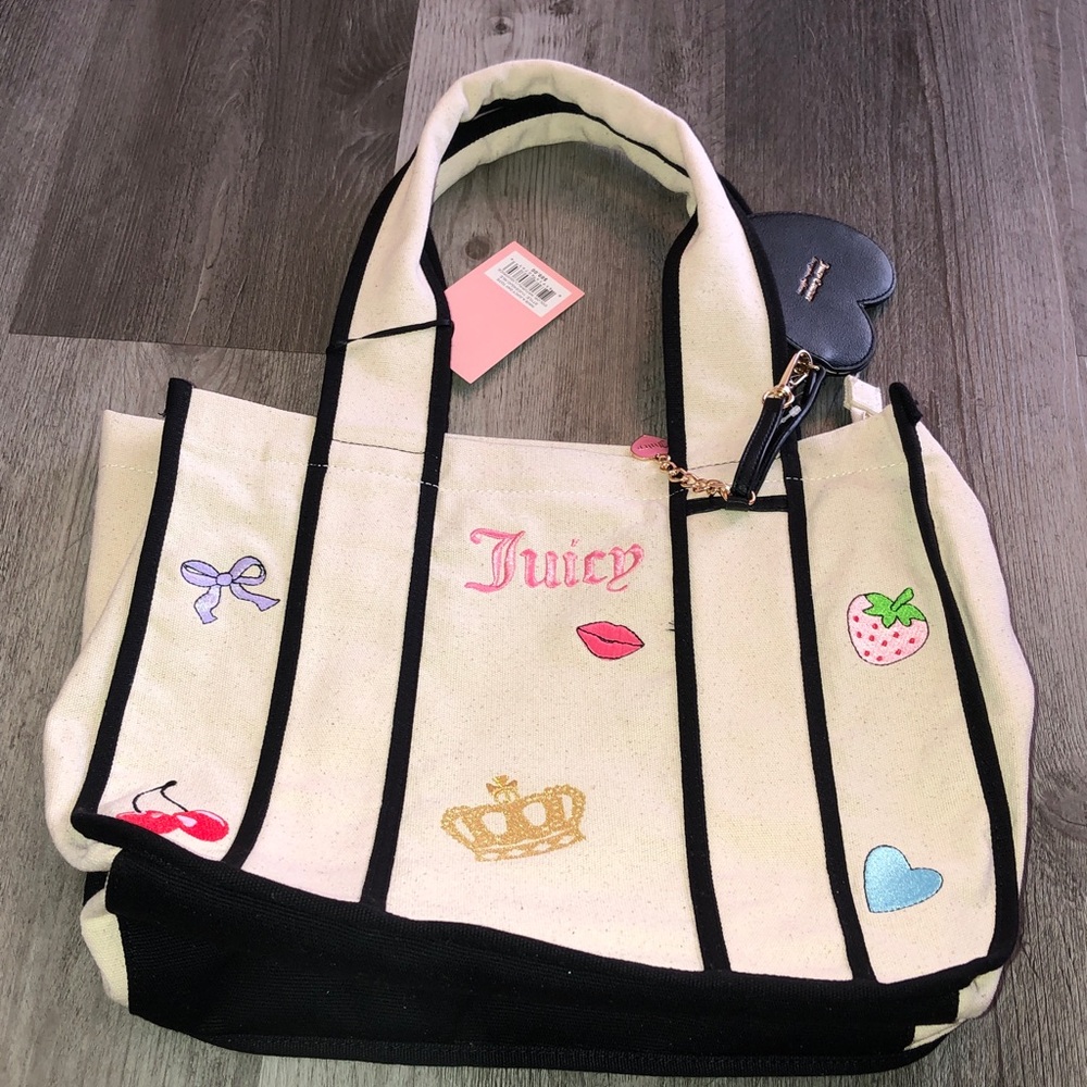 Juicy Couture Have A Juicy Day Tote Natural Liquorice Embroidered Accents NWT
